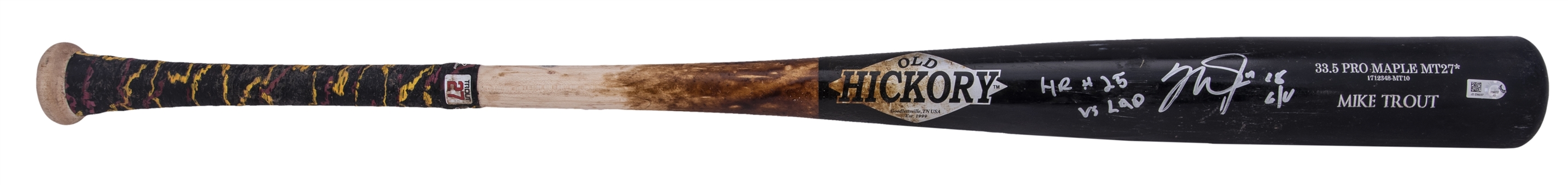 2018 Mike Trout Game Used & Signed 25th Home Run Old Hickory Bat Inscribed "Home Run #25 Vs. LAD" (MLB Authenticated & Anderson)